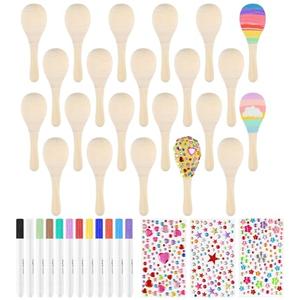 PLULON 20 Pcs Wooden Maracas for Kids, Mini Maracas with Multicolor Pens and Gem Stickers for Cinco De Mayo Unfinished Festival Painting Crafts Shakers Fiesta Mexican Birthday Party Favors Supplies
