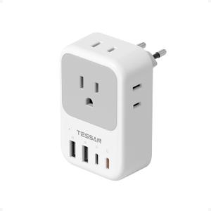 European Travel Plug Adapter, TESSAN International Power Adaptor with 4 Outlets 4 USB Ports (2 USB-C, 1 with PD 20W), Type C Adapter for US to EU Europe Spain Iceland France Italy Germany Portugal (grey)