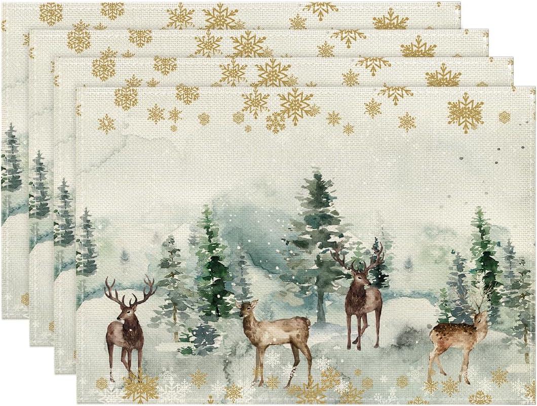 Artoid Mode Watercolor Deer Trees Snowflakes Christmas Placemats for Dining Table, 12 x 18 Inch Seasonal Winter Xmas Holiday Rustic Vintage Thanksgiving Washable Table Mats Set of 4 (Green)