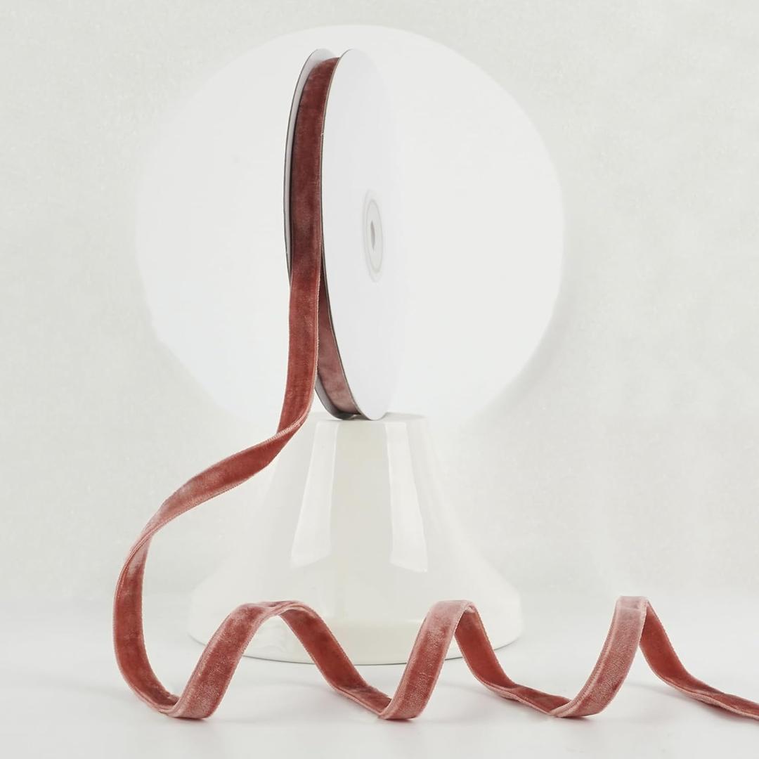 MEEDEE Rose Gold Velvet Ribbon 3/8 Inch Double Face Velvet Ribbon 2 Rolls 20 Yards Thin Ribbons for Ornaments, Gift Wrappig, Christmas Tree Decorations, Rustic Wreath, Winter Holiday Decor