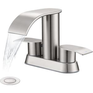 Ultimate Unicorn Waterfall Bathroom Sink Faucet Brushed Nickel, Two Handles Bathroom Faucet with Metal Pop up Sink Drain Stopper, Two Or 3 Holes Bathroom Basin Lavatory Mixer Tap with Deck Mount Plate (4 Inch)