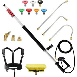 24 FT Telescoping Pressure Washer Wand with Pressure Washer Extension Wand,Brush Head,Gutter Cleaner Attachment and Support Belt,Pressure Washer Extension Pole for Wall Roof Gutter