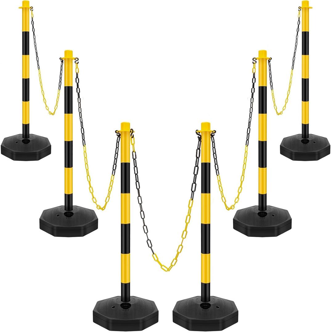 Konohan 6 Sets 34 Inch Parking Cone Delineators Post Traffic Cone Plastic Stanchion Set Stands Parking Barrier with Base 6.6 ft Chain S Hooks Reflective Collar for Crowd Control Construction, Yellow
