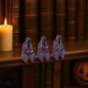 Reading Statue Suriel Bookshelf Figure Set of 3, Gothic Fantasy Black Robe Statue, Mystery Reading Figurines Sitting Sculpture for Shelf - Halloween Shelf Trinkets Dark Academia Decor Aesthetic (Purple)