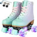 Women's High-Top PU Leather Roller Skates - Four-Wheel Shiny Skates With Carry Bag for Girls (Women's 8 / Men's 6.5, Green violet)