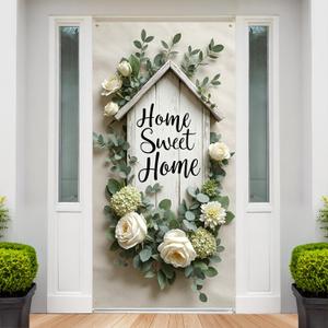 Home Sweet Home Door Cover Housewarming Party Decorations Door Banner Welcome Home Floral Backdrop Decor Greenery Leaves New Home Party Photography Background Sign Bridal Shower