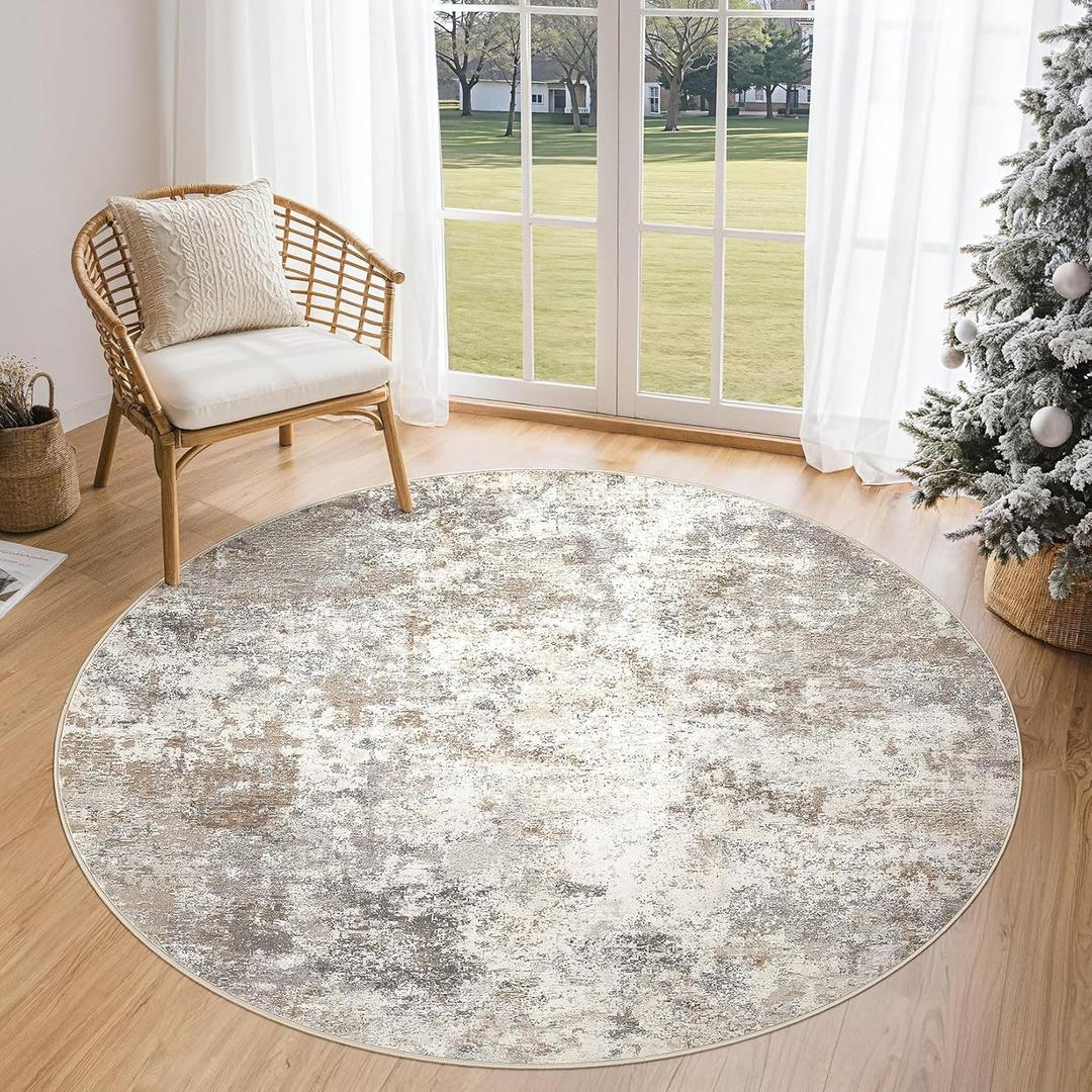 5ft Round Area Rug Living Room Rugs - 5x5 Washable Neutral Modern Abstract Soft Thin Rug Indoor Floor No Slip Rug Carpet for Bedroom Under Dining Table Home Office Decor - Brown Grey