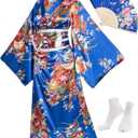 Japanese Anime Women's Kimono Robe Geisha Yukata Sweet Dress Blossom Satin Bathrobe Sleepwear Fans Tabi Socks Set (Blue)
