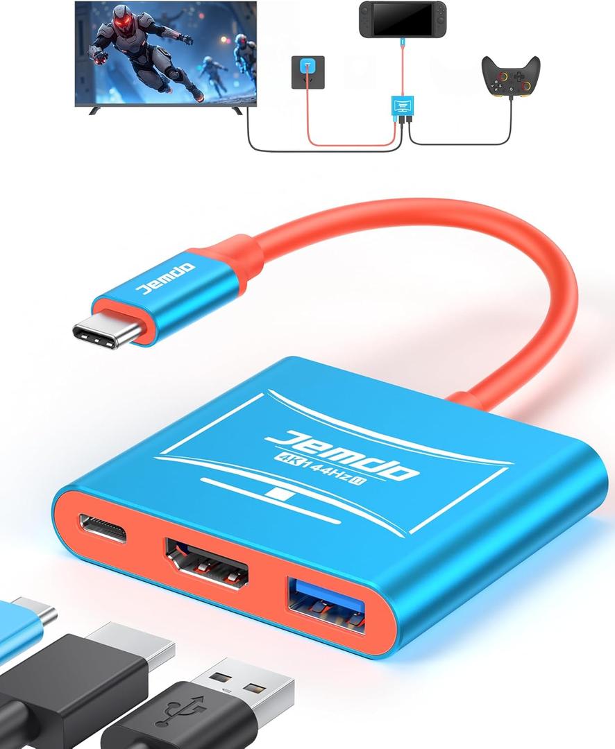 JEMDO Switch 2 Dock for TV (V21.2.0), 4K@144Hz HDR, HDMI 2.1 USB-C Adapter with 48Gbps, USB 3.2 & PD 100W Fast Charging Portable Travel Dock, Compatible with Nintendo Switch 2 / OLED / 2017 (Blue)