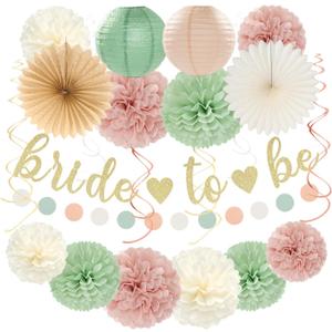 Sage-Green Pink Bridal-Shower Bachelorette Party-Decorations - 22pcs Bride To Be Banner, Beige Paper Lanterns Streamers, Tissue Pom Poms Flowers Fans Favors Wedding Decor Supplies Hugmoon