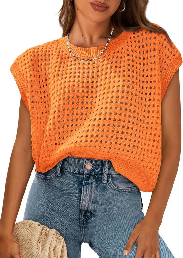 PRETTYGARDEN Womens Spring Tops 2026 Summer Shirts Crochet Cap Sleeve Sweater Pullover Cute Beach Vacation Clothes, Large