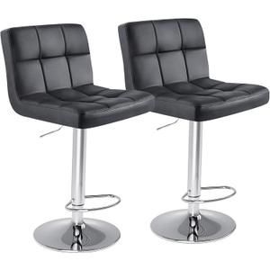 Sweetcrispy Bar Stools Set of 2, Armless PU Leather Adjustable Swivel Barstools, Hydraulic Kitchen Counter Height Thickened Seat Cushion Square Island Countertop Chairs with Back, Black