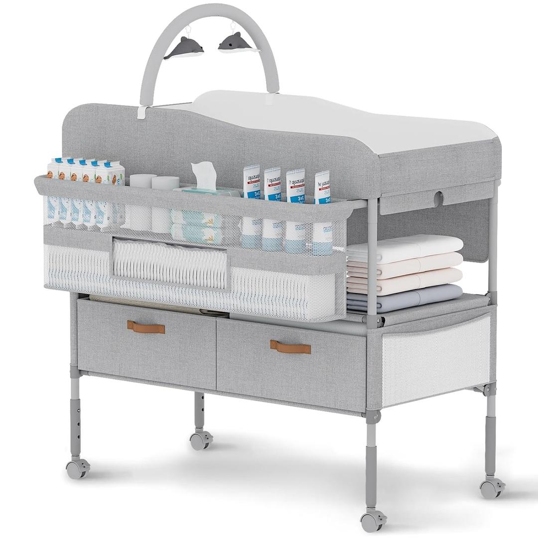 Diaper Changing Station, Portable Changing Table for Baby, Diaper Changing Table with Storage Drawers, Waterproof Baby Changing Station with Wheels and Adjustable Height for Newborn Infant (Grey)