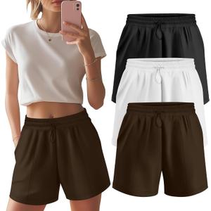 Neer 3 Pack Women's High Waist Sweat Shorts | Casual, Summer, Athletic, Adjustable, Shockcord, Lounge, Pockets (L)