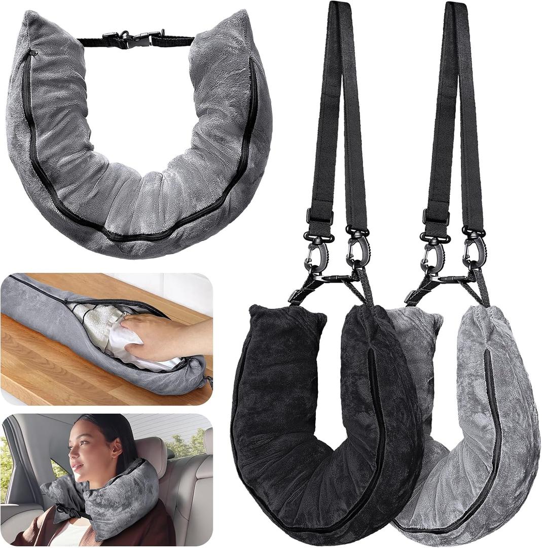 2Pack Stuffable Travel Pillow for Extra Luggage, Velvet Travel Neck Pillow with Adjustable Neck Size, Fits About 6 T-Shirts Travel Essentials Multifunctional Sleeping Rest Cushion, Gray and Black