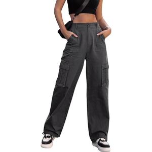 ZMPSIISA Women Pants High Waisted Cargo Pants Combat Military Wide Leg Casual Trousers 8 Pockets, S