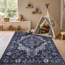 nesrt Boho Vintage 5x7 Area Rug, Low Pile Large Living Room Rugs Washable Non Slip, Soft Faux Wool Thin Printed Carpet for Bedroom Dining Room Laundry Office, Retro Area Rug Indoor Decor (Navy Blue)