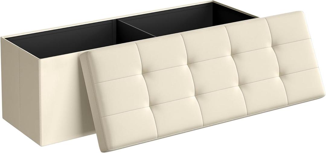 SONGMICS MAZIE Collection - 43 Inches Folding Storage Ottoman Bench, Ottoman Foot Rest, End of Bed Bench, Storage Chest, Load 660 lb, for Living Room, Bedroom, Entryway, Cream White
