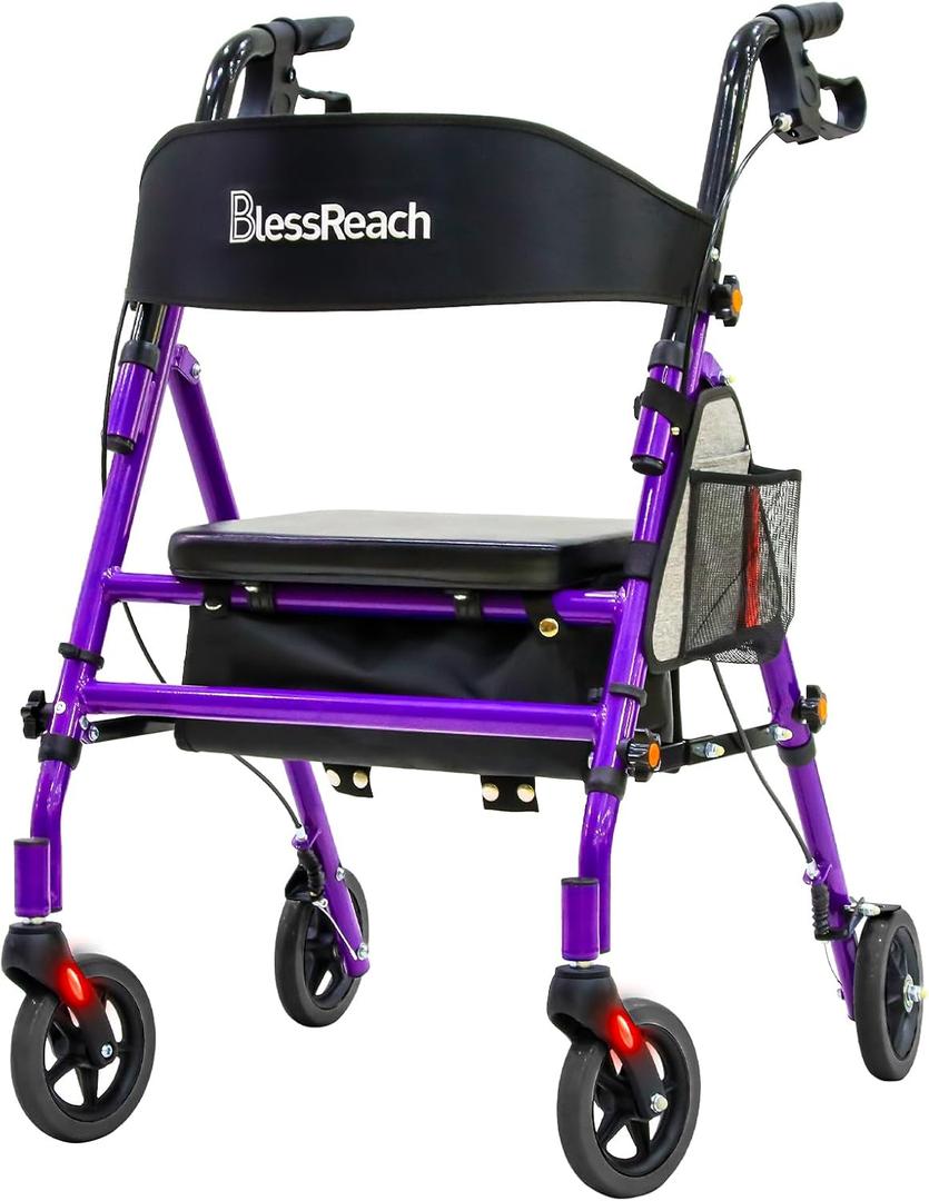 BlessReach Lightweight Foldable Rollator Walkers with Seat for Seniors, 350 lb Capacity, 5-Position Adjustable Height, Premium Hybrid Rolling Walker - Aluminum and Carbon Steel (Purple)