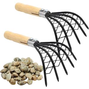 laffoonparts 2 Pcs Claw Rake Hand with Basket, Clamming Claws with Mesh Net Oyster Shell Digging Dig Seafood Clam Scraper Tool Accessories for Beach Clam Scraper