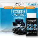 iCloth Large Screen Cleaning Wipes for Electronics, Lint-Free and Streak-Free, Fast-Drying, Removes Dust, Fingerprints, and Smudges (100 Wipes)