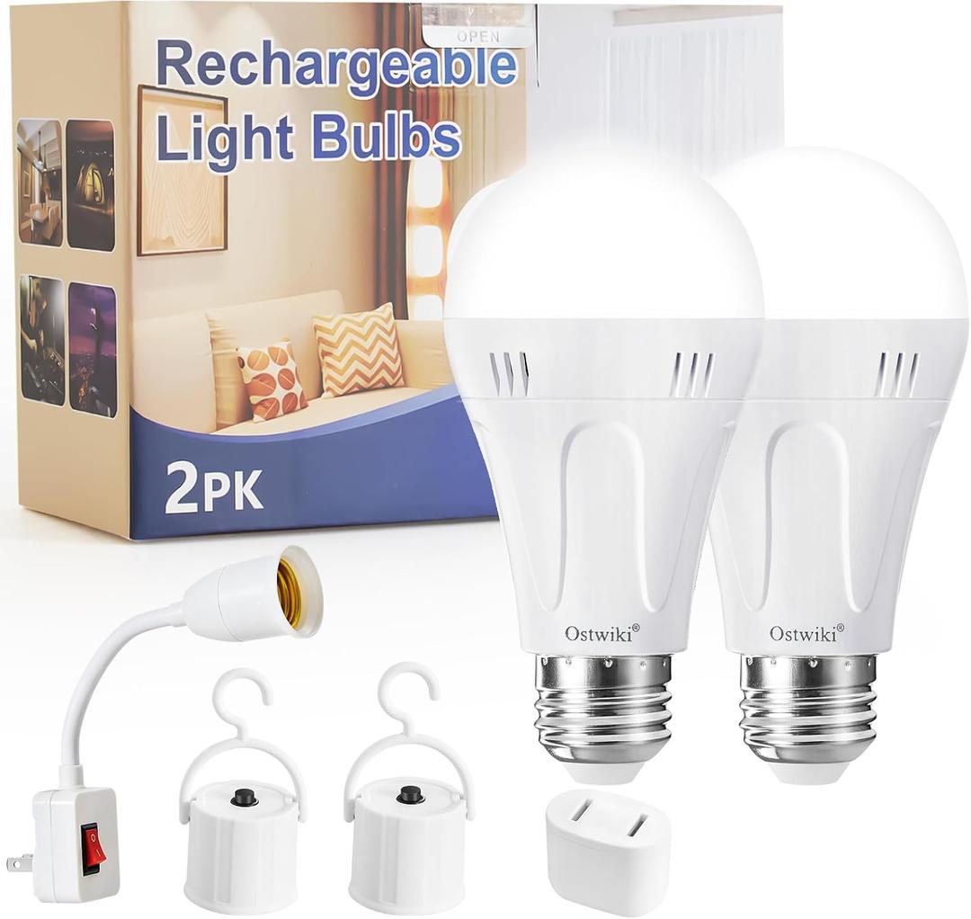Ostwiki Rechargeable Light Bulbs,2 Pack Emergency Light Bulbs for Power Outage A19 E26 9W 6500K White Battery Backup Soft Light Bulb for Lamps Home Power Failure Hurricane, Blizzard