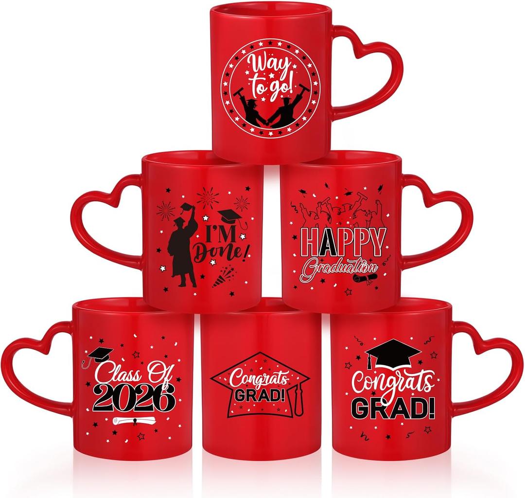 Pickmesh Graduation Coffee Mug Set of 6, 10 oz Red Ceramic Enamel Mugs with Handle, Class of 2026 & Congrats Grad Designs, Graduation Party Supplies, Grad Gift Cups for Coffee Tea Cocoa
