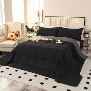 Oversized California King Comforter Set 120x120, Extra Large King Size Quilts 3 Pieces Lightweight Reversible Down Alternative Comforter for All Season with 8 Corner Tabs (Black/Grey)