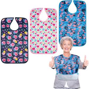 Leekalos 3 Pack Large Adult Bibs, Reusable Waterproof Washable Dining Clothing Protector with Crumb Catcher (One Size, Red-flower)