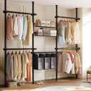 Floor-to-Ceiling Clothes Rack with 2 Storage Baskets and 3 Laundry Hampers, Black
