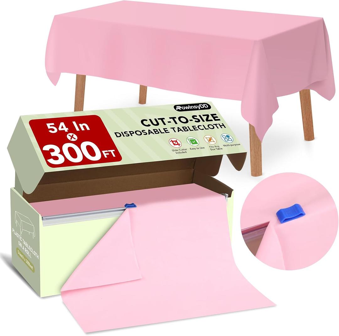 54 in X 300 FT Pink Plastic Table Cover Roll with Slide Cutter, Cuts Up to 36 Rectangle 8 Feet Disposable Plastic Table Cloths, Disposable Table Cover Roll for Dinning, Parties, BBQ, Wedding, Outdoor