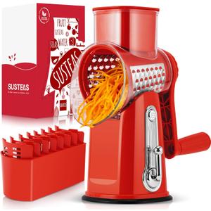 SUSTEAS Rotary Cheese Grater with Handle - Vegetable Shredder with 5 Well-designed Blades & Strong Suction Base,Round Mandoline Slicer & Food Chopper for Kitchen,with Blade Storage Box(Red)