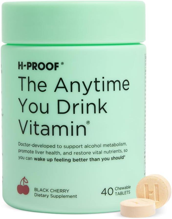 H-PROOF The Anytime You Drink Vitamin, Black Cherry, 40 Chewable Tablets | 20 Servings, Supports Liver Health, Replenishes Electrolytes for Hydration, DHM, Milk Thistle, L-Glutathione, Vitamins B & C