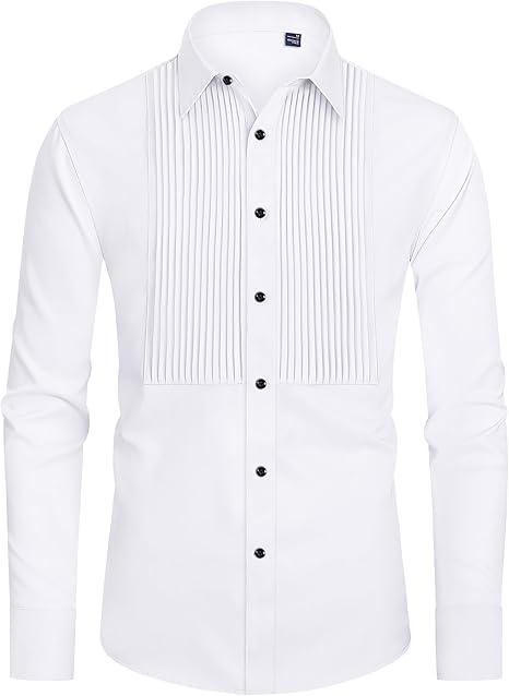 J.VER Men's Tuxedo Shirt Formal Dress Shirt Pleated Long Sleeve Button Down Shirts for Prom Party Wedding, Size: M