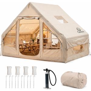 4-6 Person Inflatable Camping Tent, Panoramic PVC Skylight & Privacy Cover, 420D Oxford Waterproof UPF30+, PVC Air Beams, Mesh Ventilation, 5-Min Quick Setup Blow Up Tent for Family