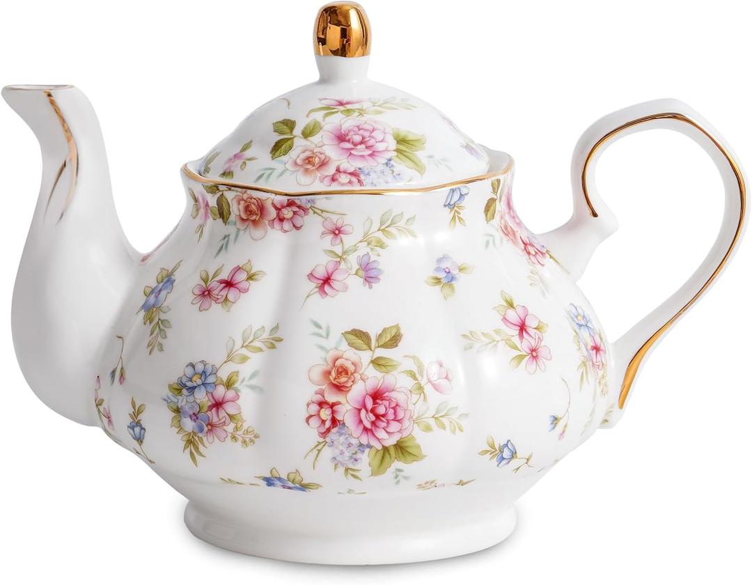 Flower Ceramic Teapot,22oz Porcelain Tea pot for Tea Coffee Milk for Office Home Men Women as Gift(White and Small flowers)