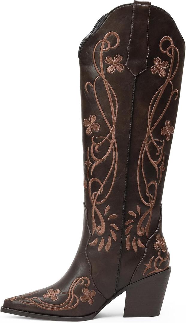 iiimmu Cowgirl Boots Women Knee High Vintage Cowboy Boots with Floral Embroidered Classic Pull On Design Western Footwear (12, Dark Brown-pu)