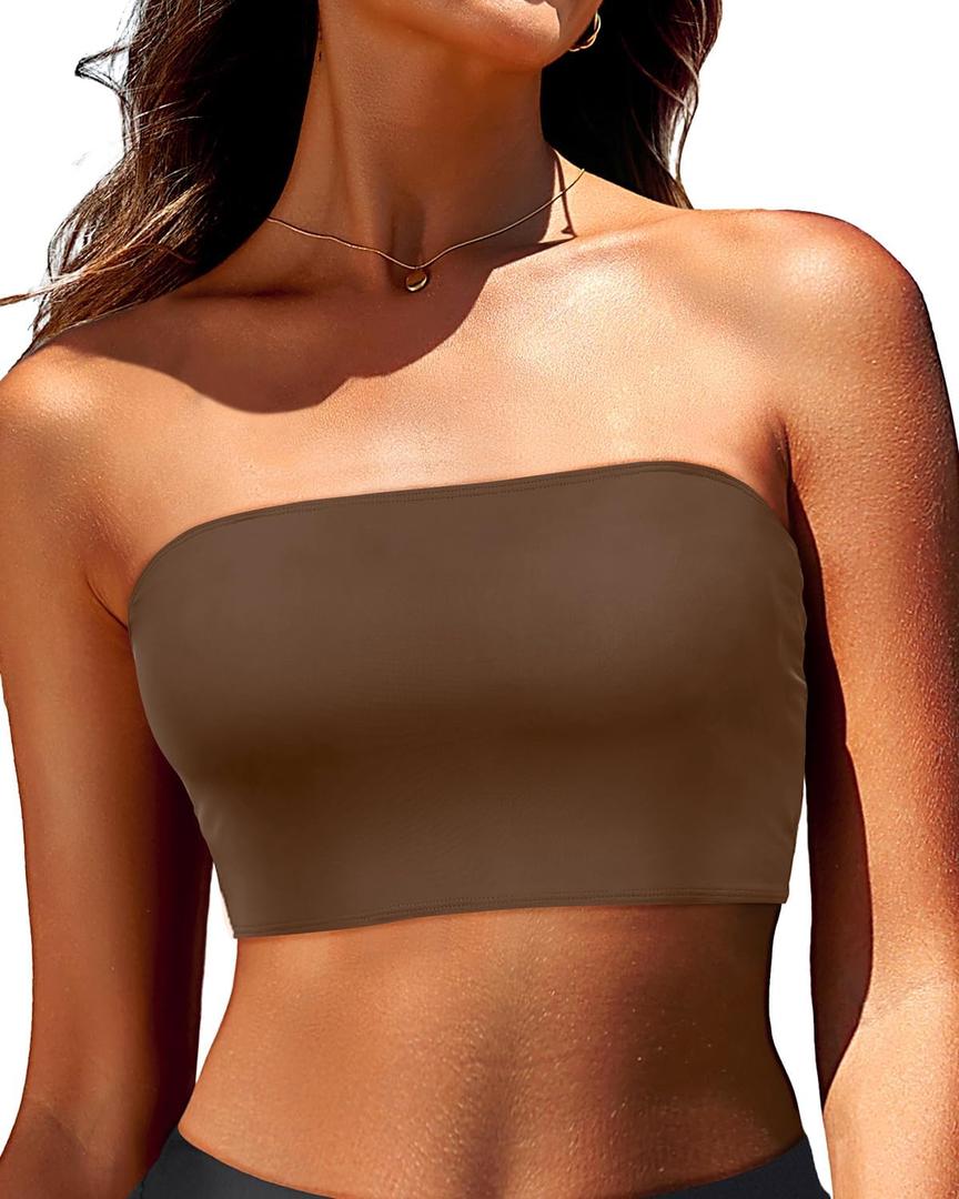 Bandeau Bikini Tops for Women - Strapless Swim Top Bathing Suit Tube Swimsuit Tops (Medium, Brown)