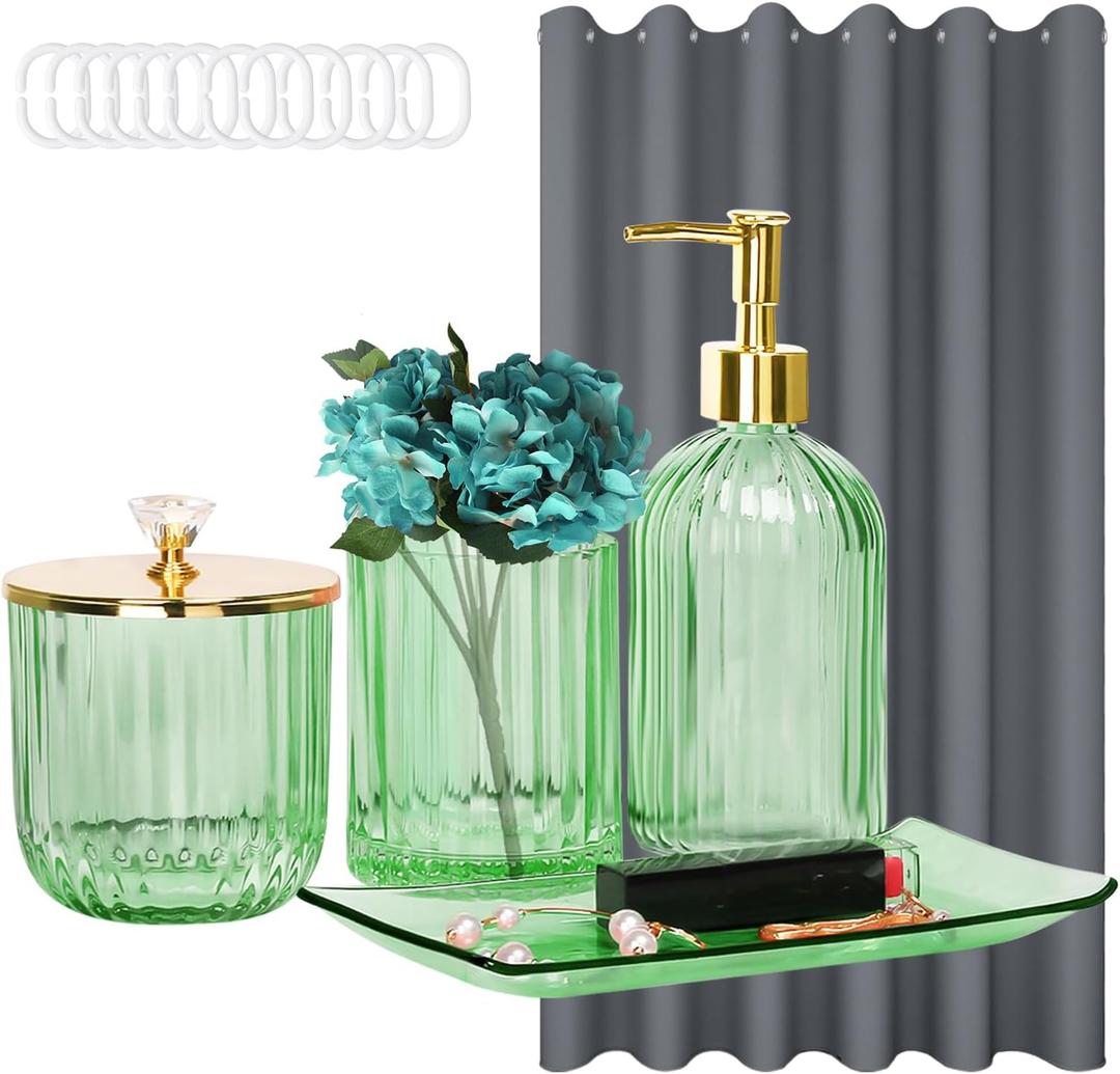Green Bathroom Accessories and Shower Curtains Set, 4PCS Glass Bathroom Set Complete of Soap Dispenser, Toothbrush Holder, Apothecary Jar, Vanity Tray, Decorative Dorm Home Decor and Housewarming Gift