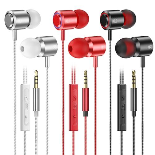 3 Pack Wired Earbuds with Microphone, In-Ear Headphones Wired with Noise Blocking &Volume Control, Premium Sound& Lightweight Corded Earphones for Laptops, Tablets, MP3 & Most 3.5mm Interface Devices