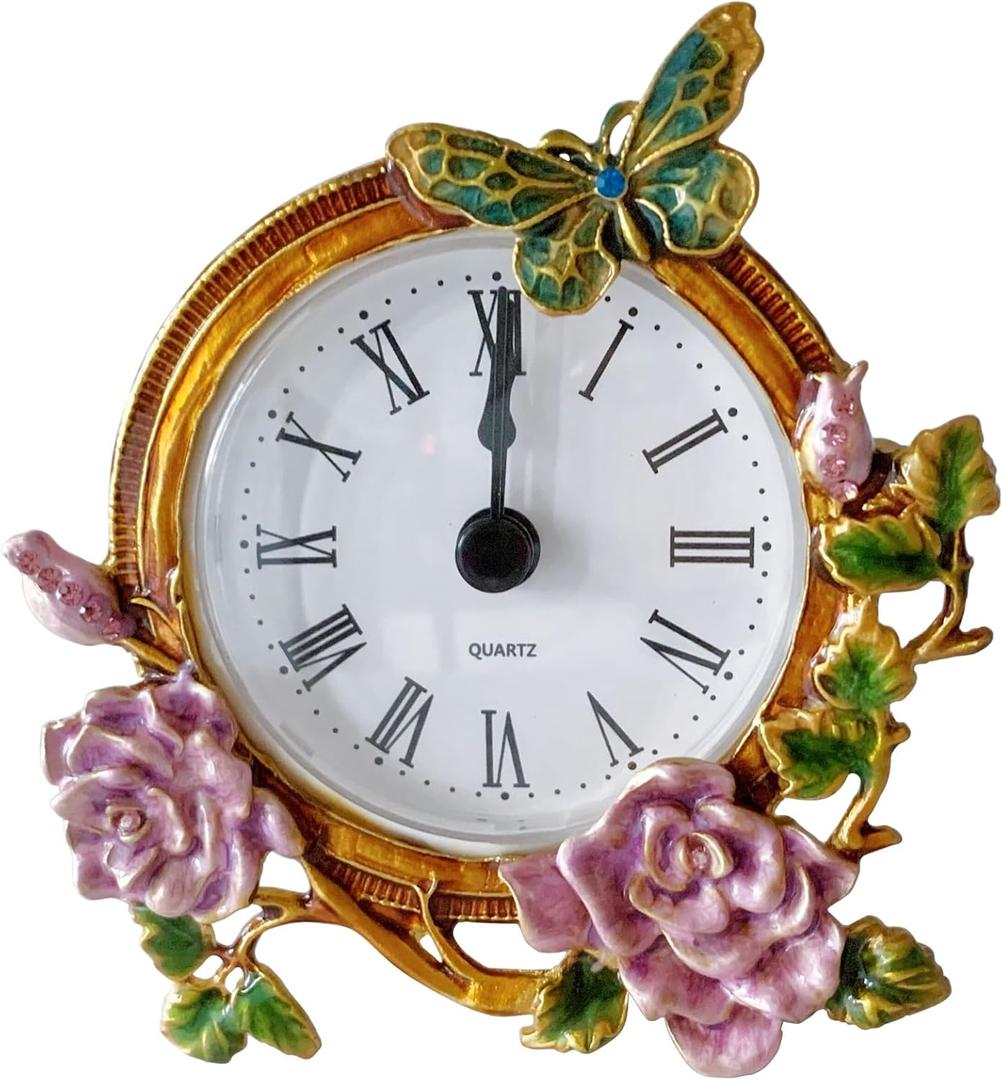 Vintage Mini Analog Table Clock, Silent Small Table Clock with Hand-Painted Metal Body and Battery Operated Non-Ticking Core for Shelf, Bedroom, Bedside, Desk, Gift (Purple Rose)