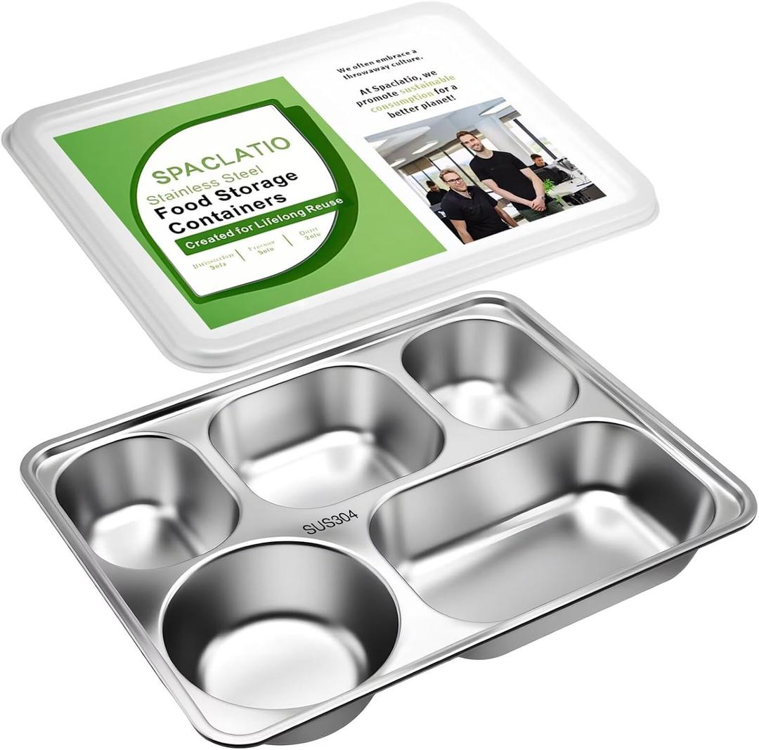 Stainless steel bento Box - 5-Compartment lunch box with PP lid, Reusable meal preparation food storage, BPA-free 18/8 Stainless steel snack container.