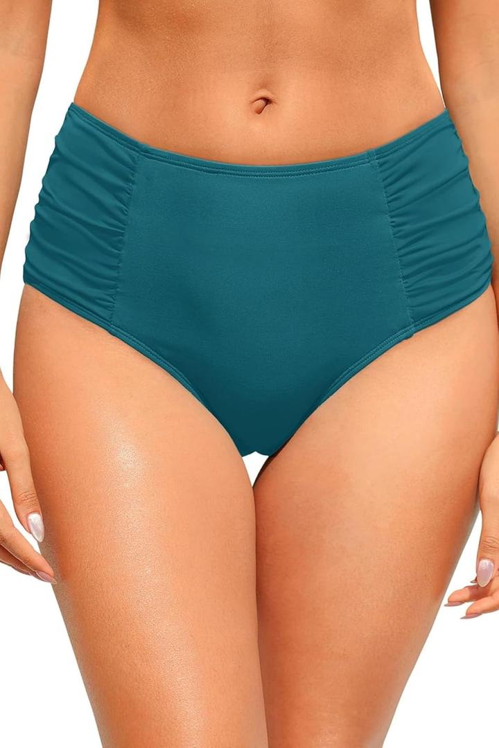 Zmart Women High Waist Bikini Bottoms - Full Coverage Ruched Bathing Suit Swim Bottom Swimsuits Swimwear (Small, Teal)