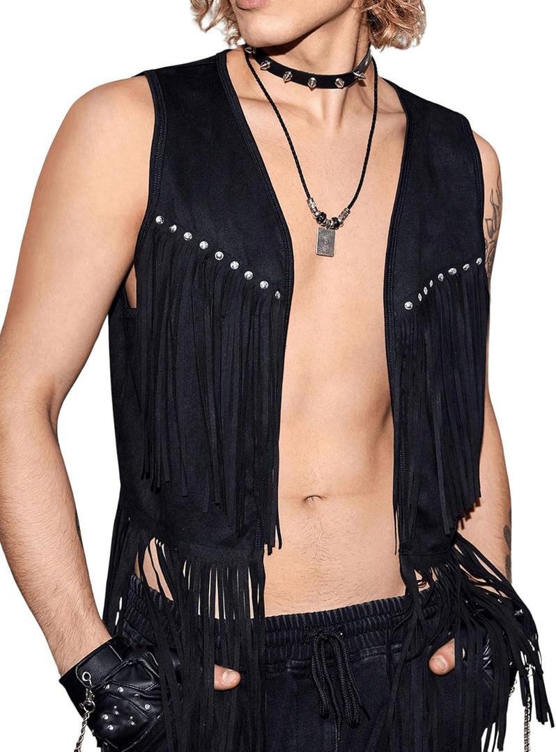 Verdusa Men's Sleeveless V Neck Studded Detail Fringe Trim Open Front Vest Jacket Black, S