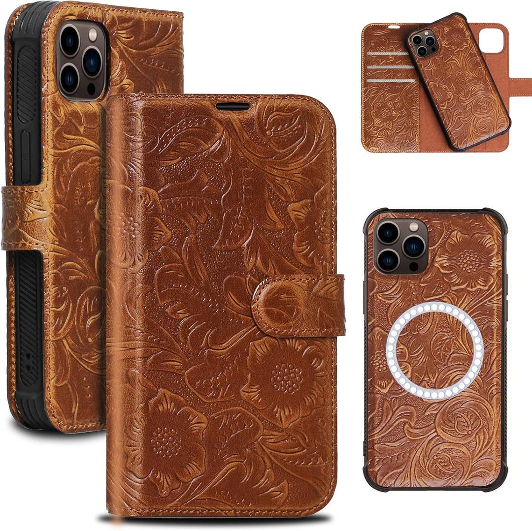 Leather Case Compatible with iPhone 15 Pro Max Wallet 6.7",Genuine Leather 2in1 Magnetic Detachable Shockproof Kickstand,Flip Folio Cover with Card Slot,Wireless Charging RFID Blocking Brown
