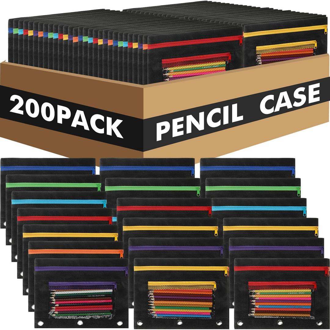 Zhehao 200 Pcs Pencil Pouches for 3 Ring Binder, Bulk Zipper Pencil Pouch Pen Case with Mesh Window Cloth Double Pocket 3 Hole Bag for Storing School Office Supplies (Black)