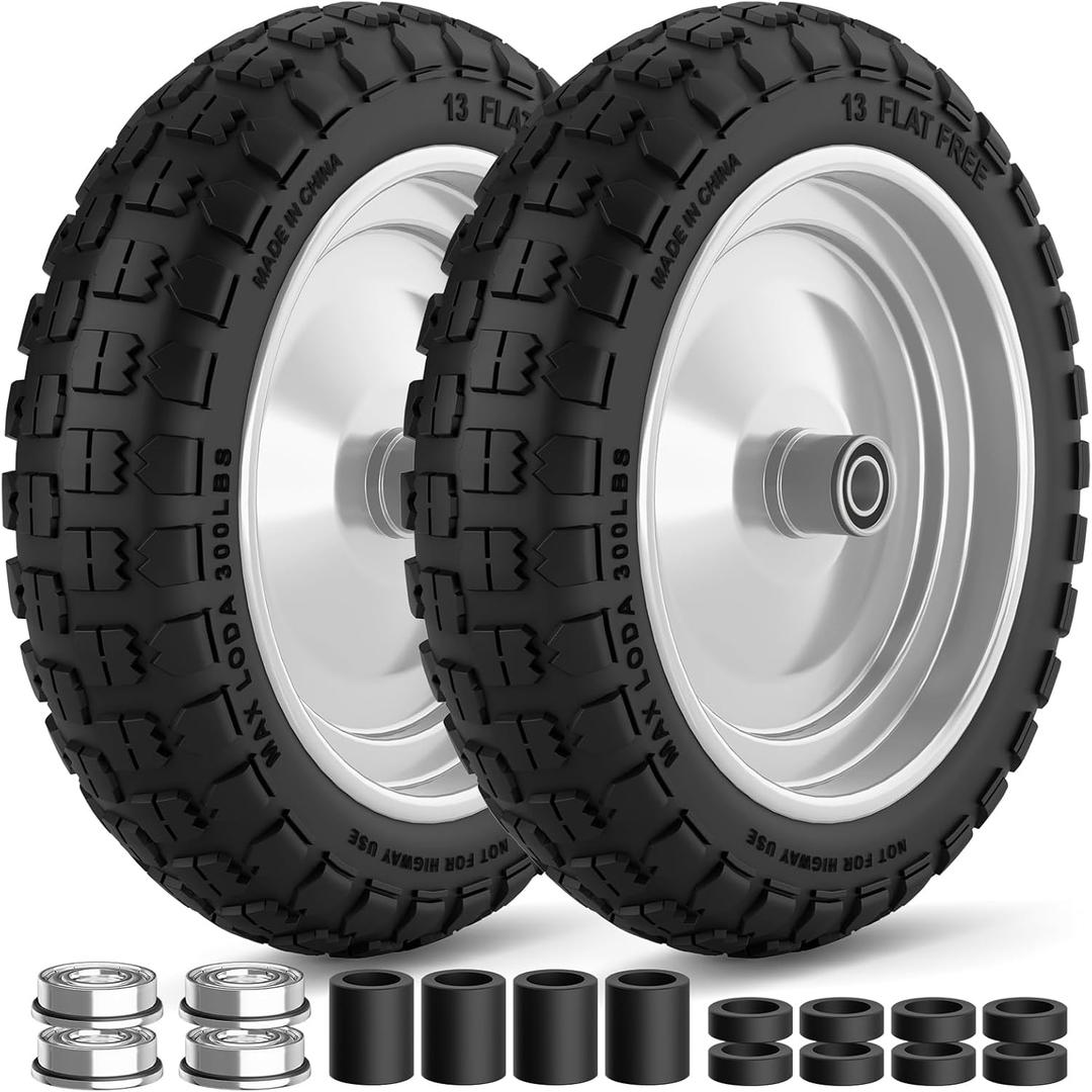 13" 4.00-6 Wheelbarrow Tire and Wheel, 4.00-6 Solid Tire Flat Free Replacement, 5/8" & 3/4" bearings, 0.5" & 1.5" spacers, for Wheelbarrow, Hand Trucks, Garden Carts, 2Pack Gray, 400Lbs