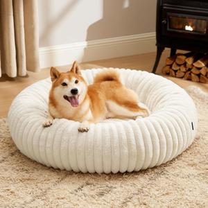 Bedsure Comfy Fleece Donut Large Dog Bed - Washable Faux Fur with Corduroy Fleece & Anti Slip Bottom, Round Pet Bed with Removable Cover, Cream, 36x36x8 inches