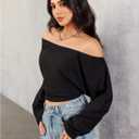 Women's Off The Shoulder T Shirt Long Sleeve Crop Tops Casual Basic Tees (Black, M)
