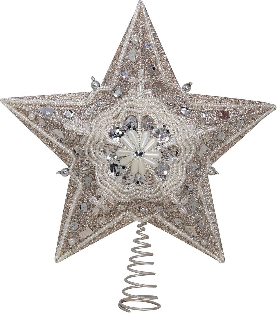 Kurt Adler Star Treetop with Ivory Pearls and Platinum Glass Glitter, 13.5-Inch